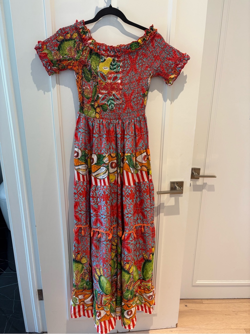 Women's Red Patterned Maxi Dress with Floral Accents